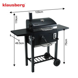 Μπάρμπεκιου με ξυλοκάρβουνα Klausberg KB 9034, Καμινάδα, Ρυθμιζόμενος αερισμός, Συρτάρι για την τέφρα, Θερμόμετρο, Ρόδες, Ατσάλι, Μαύρο