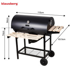 Gratar pe carbuni Klausberg KB 9033, Capac cu inchidere, Termometru, Suporturi laterale, Sertar pentru cenusa, Roti, Otel, Negru