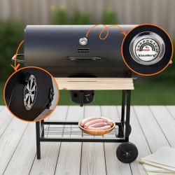 Klausberg KB 9033 faszénnel működő grill, zárható fedél, hőmérő, oldalsó tálcák, hamutartó fiók, görgők, acél, fekete