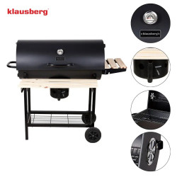 Klausberg KB 9033 faszénnel működő grill, zárható fedél, hőmérő, oldalsó tálcák, hamutartó fiók, görgők, acél, fekete