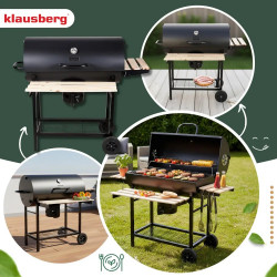 Klausberg KB 9033 faszénnel működő grill, zárható fedél, hőmérő, oldalsó tálcák, hamutartó fiók, görgők, acél, fekete
