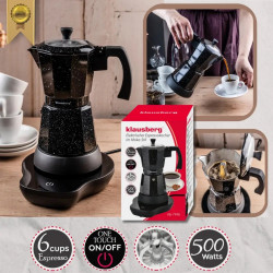 Klausberg KB 7998 Electric Moka Pot, 500W, 6 cups, Built-in heating element, Safety valve, Black marble