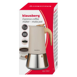 Klausberg KB 7997 eszpresszó- és mokkakávéfőző, 600 ml, 12 csésze, biztonsági szelep, rozsdamentes acél, indukciós főzőlapon használható, bézs színű