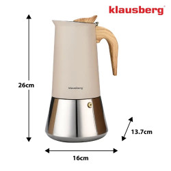 Klausberg KB 7997 eszpresszó- és mokkakávéfőző, 600 ml, 12 csésze, biztonsági szelep, rozsdamentes acél, indukciós főzőlapon használható, bézs színű
