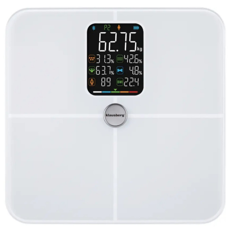 Klausberg KB 7941 Digital Scale, Up to 180 kg, BIA, Bluetooth, LCD, Tempered Glass, Smart, White