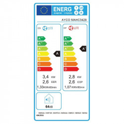 Ayco MAHC3428 hordozható légkondicionáló, 12 000 BTU, A osztály, 24 m²-ig, 450 m³, 64 dB, érintőképernyős vezérlés, fehér