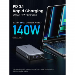 Baterie externa UGREEN PB205, 25000 mAh, PD 3.1 145 W, Ecran digital cu LED, Potrivita pentru calatoriile cu avionul, USB-C, Gri