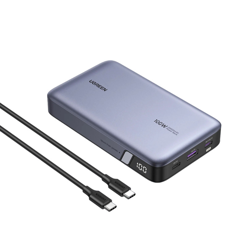 Преносима батерия UGREEN PB720, 20000mAh, PD 3.0 100W, LED дигитален екран, Подходящ за пътуване в самолет, USB-C, Сив