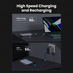 Baterie externa UGREEN PB720, 20000 mAh, PD 3.0 100 W, Ecran digital cu LED, Potrivita pentru calatoriile cu avionul, USB-C, Gri