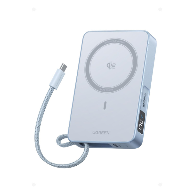 Преносима батерия UGREEN PB773, 10000mAh, PD 30W, Qi2 25W, Magflow, Цифров LED дисплей, Вграден кабел, USB-C, Син