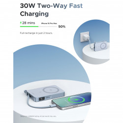 Преносима батерия UGREEN PB773, 10000mAh, PD 30W, Qi2 25W, Magflow, Цифров LED дисплей, Вграден кабел, USB-C, Син