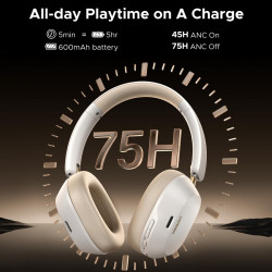 UGREEN HiTune ANC Max5c HP203 vezeték nélküli fejhallgató, akár 75 óra üzemidő, térbeli hangzás, Hi-Res, hibrid aktív zajszűrés (ANC), összecsukható, fehér