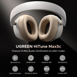 UGREEN HiTune ANC Max5c HP203 Wireless Headphones, Up to 75 Hours, Spatial Audio, Hi-Res, Hybrid ANC Noise Cancellation, Foldable, White