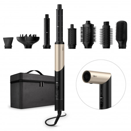 Aparat de coafat / stilizare si uscat parul 8in1 Silk'n SilkyAir Flex SIF8PE1001, 1300 W, Ondulare automata si reglare a temperaturii, 39-90°C, 3 viteze, Autocuratare, Ionizare, Negru/Auriu