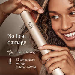 Placa de indreptat parul Silk'n SilkyStraight SIS1PE1001, 45 W, 12 setari de temperatura, Afisaj LED, Placi din titan, Tehnologie cu infrarosu, Ionizare, 120-230°C, Memorie, Auriu/Roz