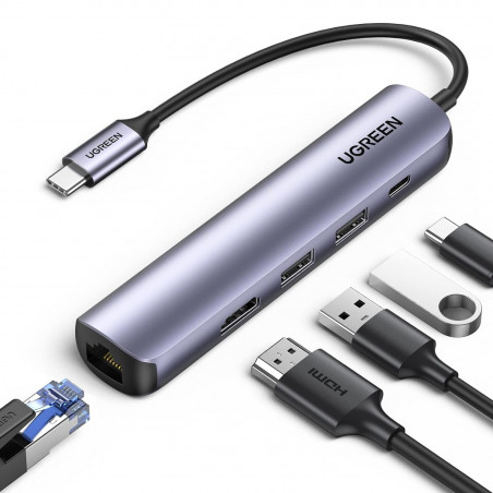 UGREEN CM418 5-az-1-ben dokkolóállomás, PD 100 W, USB-C – 1xUSB-C (PD)/2xUSB-A/1xHDMI/RJ45, 4K@30fps, szürke