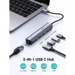 UGREEN CM418 5-in-1 Docking Station, PD 100W, USB-C to 1xUSB-C (PD)/2xUSB-A/1xHDMI/RJ45, 4K@30fps, Gray