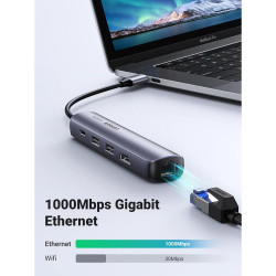Докинг станция 5в1 UGREEN CM418, PD 100W, USB-C към 1xUSB-C(PD)/2xUSB-A/1xHDMI/RJ45, 4K@30fps, Сив