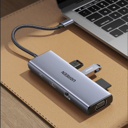 UGREEN CM498 9-az-1-ben dokkolóállomás, PD 100 W, USB-C – 1xUSB-C (PD)/3xUSB-A/HDMI/VGA/RJ45/SD, 4K@30fps, szürke