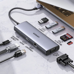 Докинг станция 9в1 UGREEN CM498, PD 100W, USB-C към 1xUSB-C(PD)/3xUSB-A/HDMI/VGA/RJ45/SD, 4K@30fps, Сив