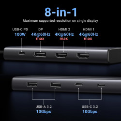 Σταθμός σύνδεσης 8 σε 1 UGREEN CM639, PD 100W, USB-C προς 1xUSB-C (PD)/2x USB-C/2xUSB-A/2xHDMI/DP, 4K@60fps, Γκρι