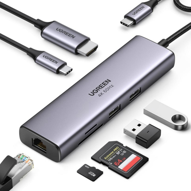 Мултифункционален адаптер 6в1 UGREEN CM512, USB-C, 3x USB-A 3.0, HDMI, RJ45 LAN, USB-C PD, 4K@30Hz, Сив