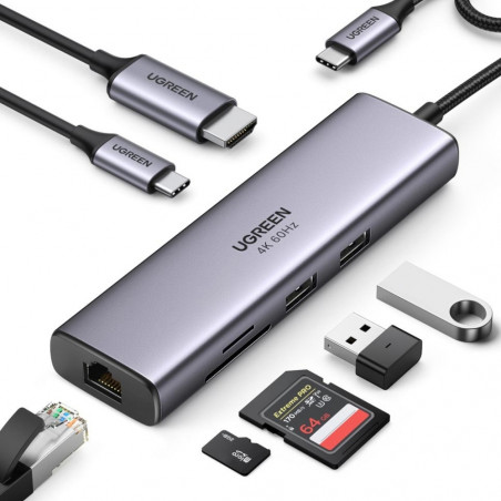 Πολυλειτουργικός προσαρμογέας 6 σε 1 UGREEN CM512, USB-C, 3x USB-A 3.0, HDMI, RJ45 LAN, USB-C PD, 4K@30Hz, Γκρι