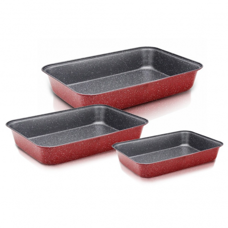 Oliver Voltz OV51222RS3 Baking Pan Set, 3-piece, Ceramic-Marble Coating, Carbon Steel, PFOA-Free, Red Melange