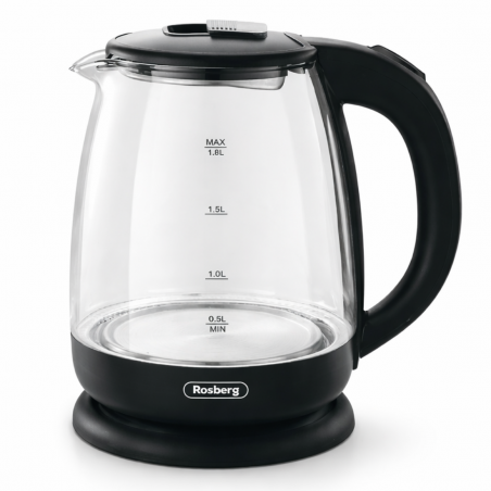Електрическа кана за вода Rosberg R51230AE, 1500W, 1.8 л, Вграден нагревател, Стъкло, Индикатор, Черен