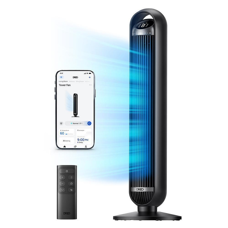 Вентилатор кула Dreo Tower Fan 413S, 35W, 92 см, 1961 м3/ч, 8 скорости, 4 режима, Осцилация, Мобилно приложение, Гласови команди, Черен