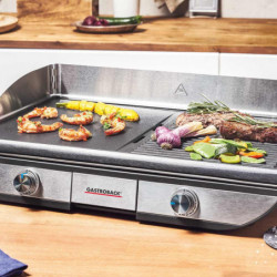 Ηλεκτρική ψησταριά με κινητές πλάκες Gastroback Advanced Pro 42523, 2300 W, 50 × 30 cm, 90–240 °C, Λεία/ραβδωτή, Αντικολλητική, Δίσκος συλλογής λίπους, Μαύρο/ανοξείδωτο