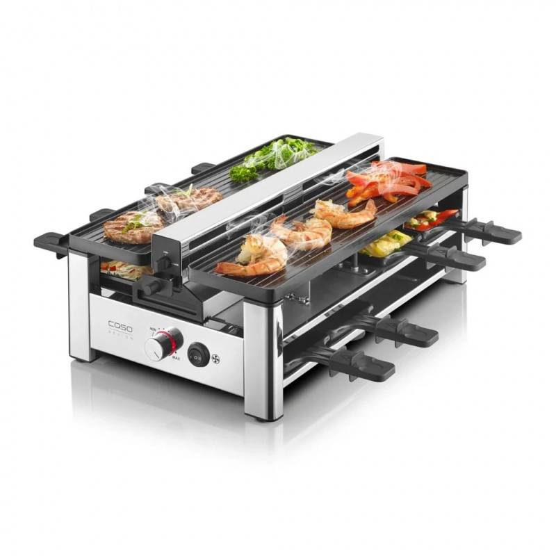 CASO Design Raclette AirClean Raclette Grill, 1500W, Ceramic Plates, Odor and Smoke Reduction System, Filter, Stainless Steel