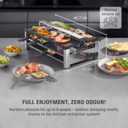 CASO Design Raclette AirClean Raclette Grill, 1500W, Ceramic Plates, Odor and Smoke Reduction System, Filter, Stainless Steel