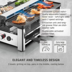 CASO Design Raclette AirClean raclette-grill, 1500 W, kerámia lapok, szag- és füstcsökkentő rendszer, szűrő, rozsdamentes acél