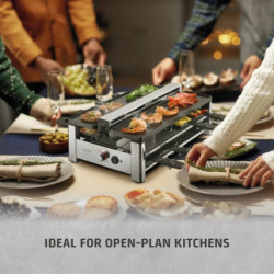 Gratar pentru raclette CASO Design Raclette AirClean, 1500 W, Placi ceramice, Sistem pentru reducerea mirosurilor si a fumului, Filtru, Otel inoxidabil
