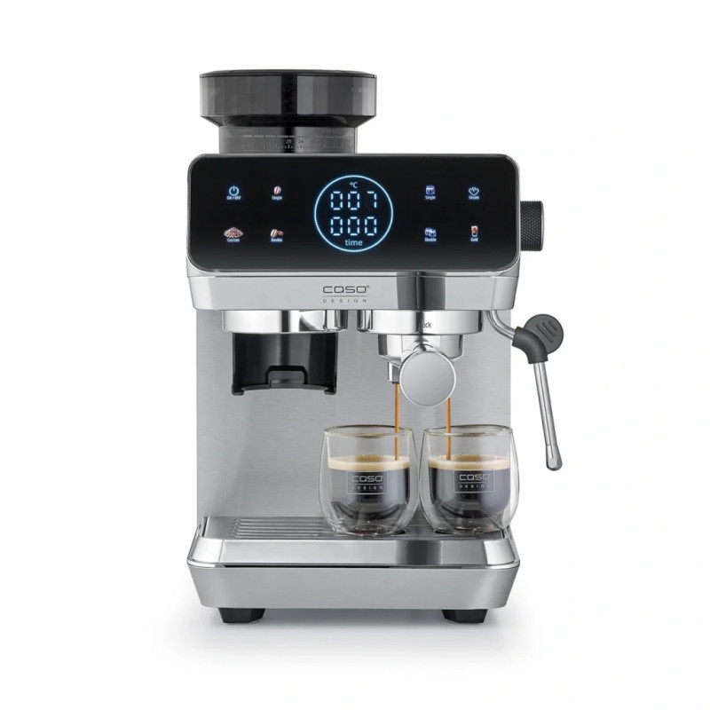 Espressor manual Caso EspressoGourmet&Grind, 1500 W, 20 bar, 1,8 l, Ulka, Spumare lapte, Cold Brew, Comanda tactila, Rasnita, Portafiltru, Otel inoxidabil