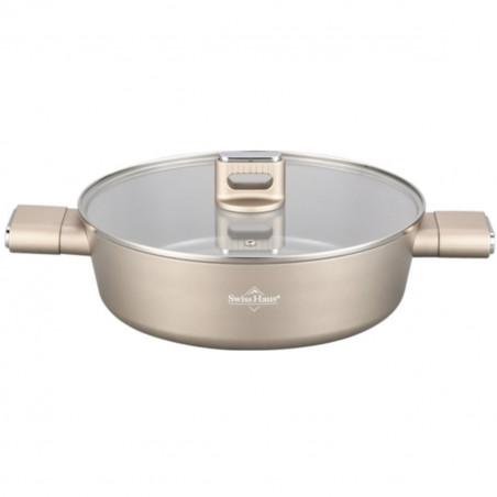 Ρηχή κατσαρόλα με καπάκι Swiss Haus SH-SCLC28CH, 28 x 8,5 εκ., 4,4 λίτρα, κεραμική επίστρωση Sapphire, χωρίς PTFE/PFAS/PFOA, κατάλληλη για επαγωγικές εστίες, χρώμα σαμπάνιας