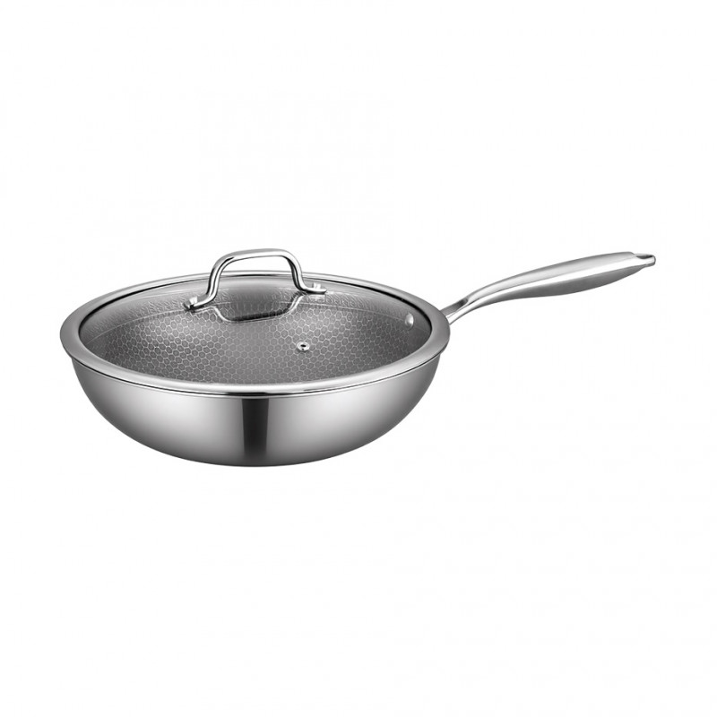 Tigaie wok Swiss Haus SH-ZGW28, 28 x 9 cm, 4 l, acoperire ceramică Sapphire, capac din sticlă, utilizabilă la cuptor până la 260 °C, compatibilă cu plitele cu inducție, argintiu