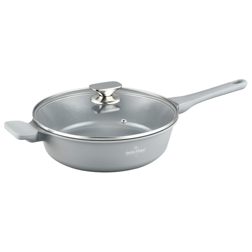 Дълбок тиган с капак Swiss Haus SH-BDF28S, 28x8 см, 3.9 л, Sapphire-керамично покритие, Стъклен капак, Индукция, Сив