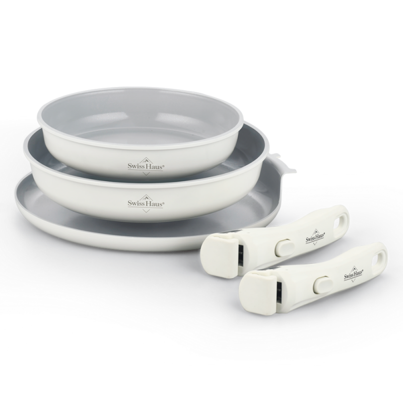 Set de tigăi Swiss Haus SH-GCFP5LC, 5 piese, acoperire ceramică Sapphire, mânere detașabile, compatibil cu plitele cu inducție, finisaj crem lucios
