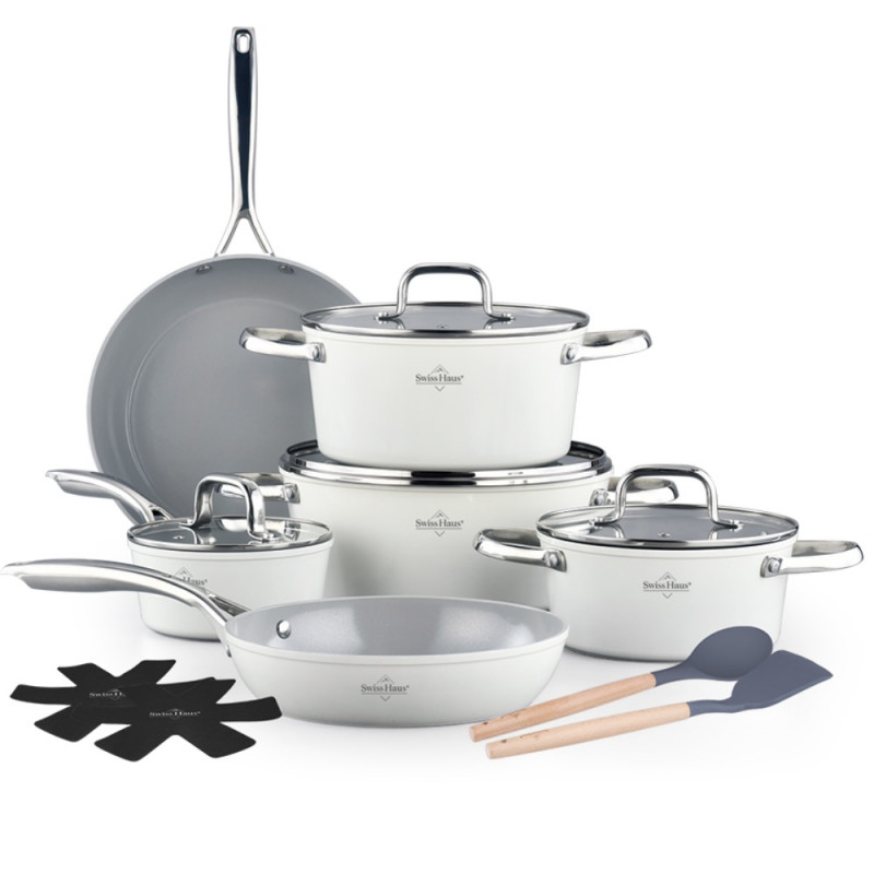 Комплект съдове за готвене Swiss Haus SH-CC4014CR, 14 ч, Sapphire-керамично, Индукция, Фурна до 220°C, Без PFAS, Кремав гланц