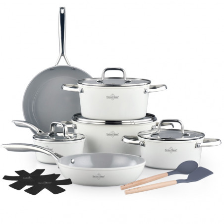 Set de oale Swiss Haus SH-CC4014CR, 14 piese, acoperire ceramică Sapphire, compatibil cu plitele cu inducție, utilizabil la cuptor până la 220 °C, fără PFAS, finisaj cremos lucios