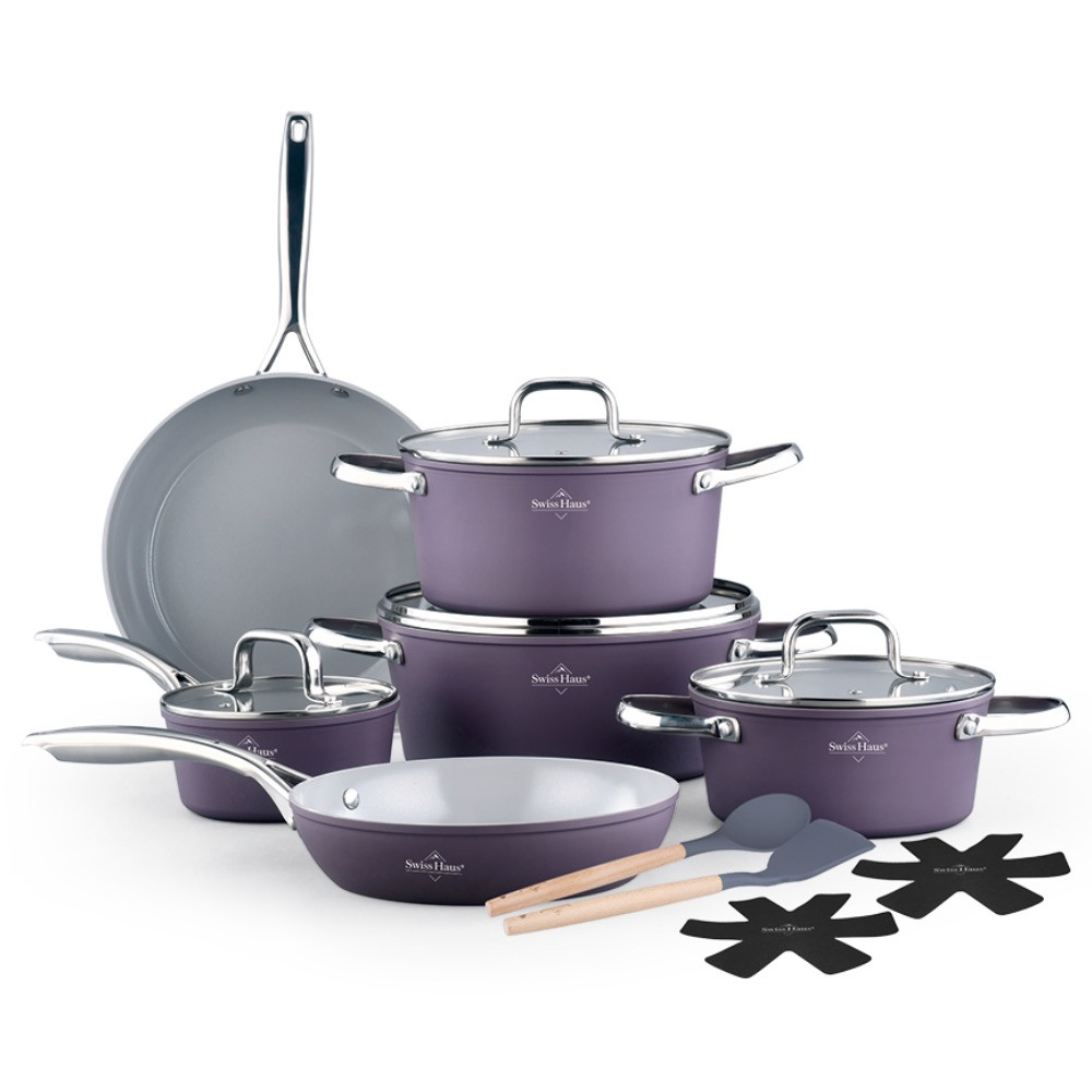 Комплект съдове за готвене Swiss Haus SH-CC4014T, 14 ч, Sapphire-керамично, Индукция, Фурна до 220°C, Без PFAS, Лилав