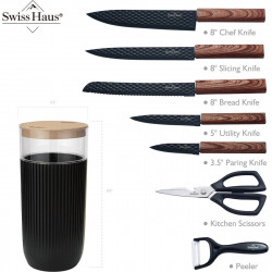 Set de cuțite Swiss Haus SH-KS8B, 8 piese, oțel inoxidabil, strat antiaderent cu structură diamantată 3D, suport, negru