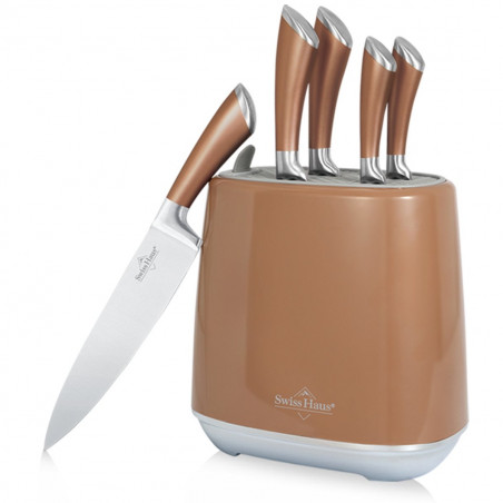 Set de cuțite Swiss Haus SH-KSL6CO, 6 buc., oțel inoxidabil, mânere metalice, suport, cupru