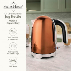Ηλεκτρική κατσαρόλα Swiss Haus SH-SWK2127, 2000 W, 1,7 λίτρα, βάση 360°, φίλτρο, κρυφή αντίσταση, διπλά τοιχώματα, χαλκός