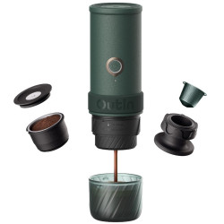 Outin Mino CG hordozható eszpresszógép, 22 bar, 9000 mAh, 70 ml, 93,3 °C-os kivonás, őrölt kávé + Nespresso kapszulák, USB-C, hegyi zöld