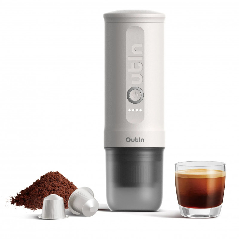 Outin Mino SG hordozható eszpresszógép, 22 bar, 9000 mAh, 70 ml, 93,3 °C-os kivonás, őrölt kávé + Nespresso kapszulák, USB-C, szürke