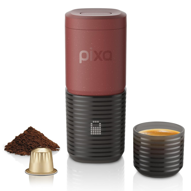 Aparat de espresso portabil Wacaco Pixapresso, 20 bari, 9000 mAh, 120 ml, cafea măcinată + capsule, panou de control tactil cu LED, roșu