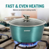 La mâna a doua: Set oale si tigai Herzberg HG-METBL15, 15 piese, Aluminiu 3003, Acoperire marmura, Capace din sticla, Inductie, Verde albastru